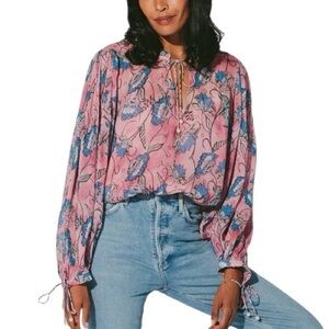 Cleobella Emily Pink Floral Floral Lotus Print Tie Neck & Sleeve Blouse - M